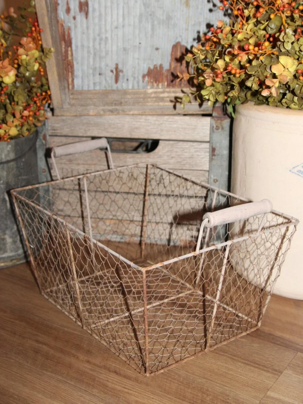 Large Grungy Rustic Weathered Aged Farmhouse Chicken Wire Basket
